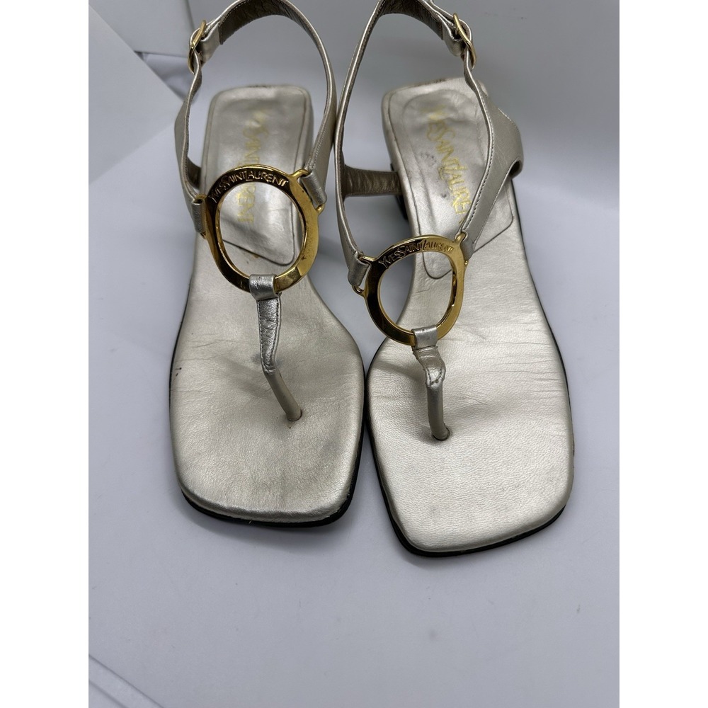 Yves Saint Laurent YSL Gold Ring‎ Sandals 5M Made in Italy Leather Heels